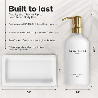 Luxury Glass Hand and Dish Soap Dispenser Set by Brighter Barns - Kitchen Soap Dispenser Set with Tray for Kitchen Sink - White and Gold Home Accessories & Decor for Restaurants, Airbnb, Gift (Gold)