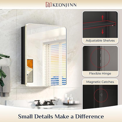 Keonjinn Brushed Nickel Medicine Cabinet for Bathroom, 16 x 24 Inch Medicine Cabinet with Mirror, Silver Stainless Steel Framed, Adjustable Shelves, Recessed or Wall Mount, Sturdy, Rounded Rectangle
