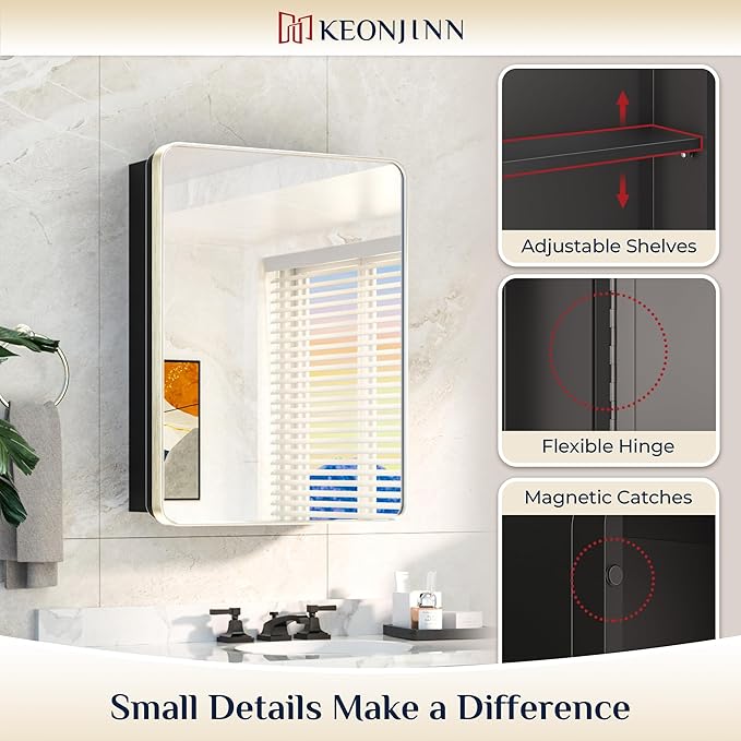 Keonjinn 20 x 26 Inch Brushed Nickel Recessed Medicine Cabinets, Bathroom Mirrored Medicine Cabinet, Brushed Nickel Stainless Steel Framed, Adjustable Shelves, In Wall or Surface Mount, Sturdy, Modern