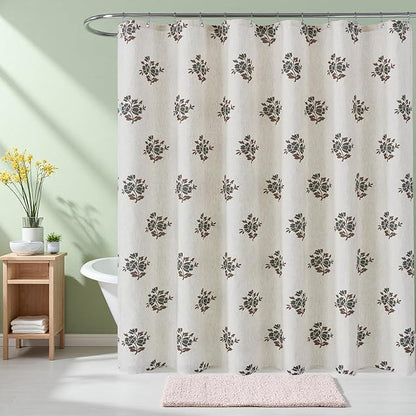 ORTIGIA Linen Green Shower Curtains for Bathroom Neutral Farmhouse Block Print Shower Curtain Set with Metal Hooks Waterproof Aesthetic Retro Fabric Bath Curtain for Home, Weighted, 72x72
