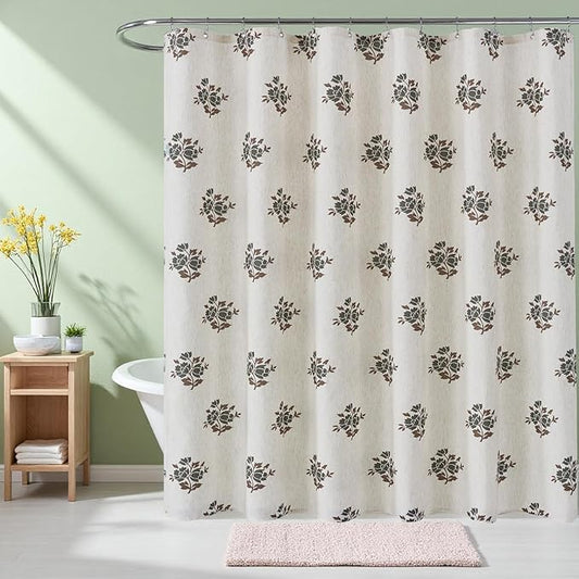 ORTIGIA Linen Green Shower Curtains for Bathroom Neutral Farmhouse Block Print Shower Curtain Set with Metal Hooks Waterproof Aesthetic Retro Fabric Bath Curtain for Home, Weighted, 72x72