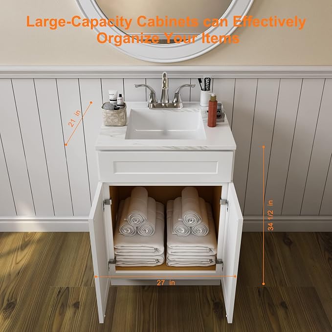 ROOMTEC Bathroom Cabinet, 27'' Free Standing Single Bathroom Vanity with 1 False Drawer and 2 Doors,Morden Bathroom Sink Vanity Storage Cabinet, Shaker White
