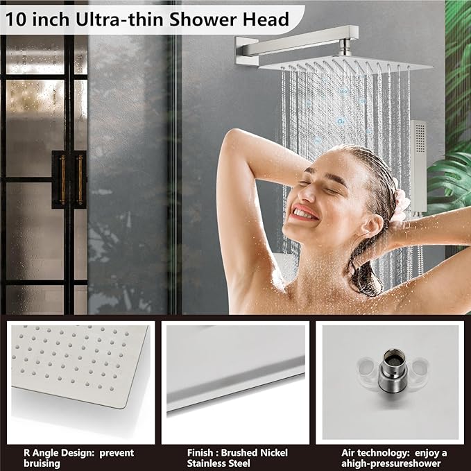 Midanya Rain Shower System with Tub Spout,Tub Shower Faucet Set with rainfall Shower Head and Handheld Spray,Wall Mount Tub Shower Combo Rough-in Valve Included,10 Inch Brushed Nickel
