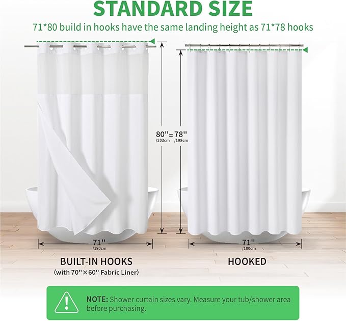 Long No Hooks Needed Linen Textured Shower Curtain with Snap-in Fabric Liner Set,White Hotel Luxury Decor Shower Curtains for Bathroom,Waterproof & Washable,71Wx80H