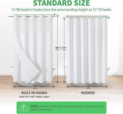 Long No Hooks Needed Linen Textured Shower Curtain with Snap-in Fabric Liner Set,White Hotel Luxury Decor Shower Curtains for Bathroom,Waterproof & Washable,71Wx80H