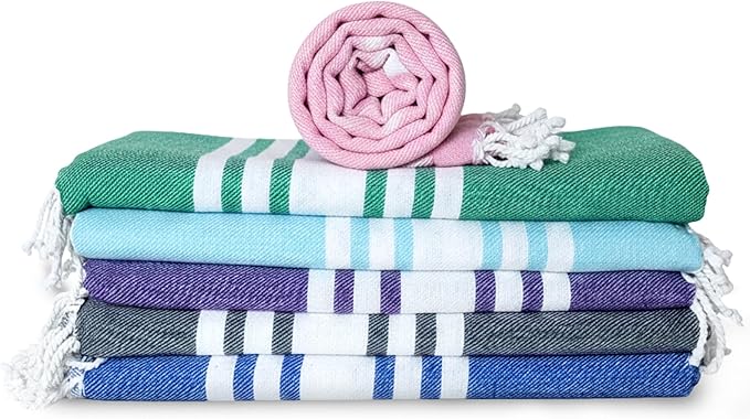 Turkish Cotton Beach Towel Pack of 6 & 1 Boho Tote Bag - Hammam Towels - No Shrink - Quick Dry - Lightweight - Sand Free - Camping - Pool - Blue,Gray,Purple, Coral,Green,Navy (40"x70")