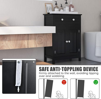 COSTWAY Bathroom Floor Cabinet, Wooden Side Storage Organizer w/Larger Drawer, Adjustable Shelf & 2-Door Cupboard, Freestanding Storage Cabinet for Living Room, Kitchen, Entryway (Black)