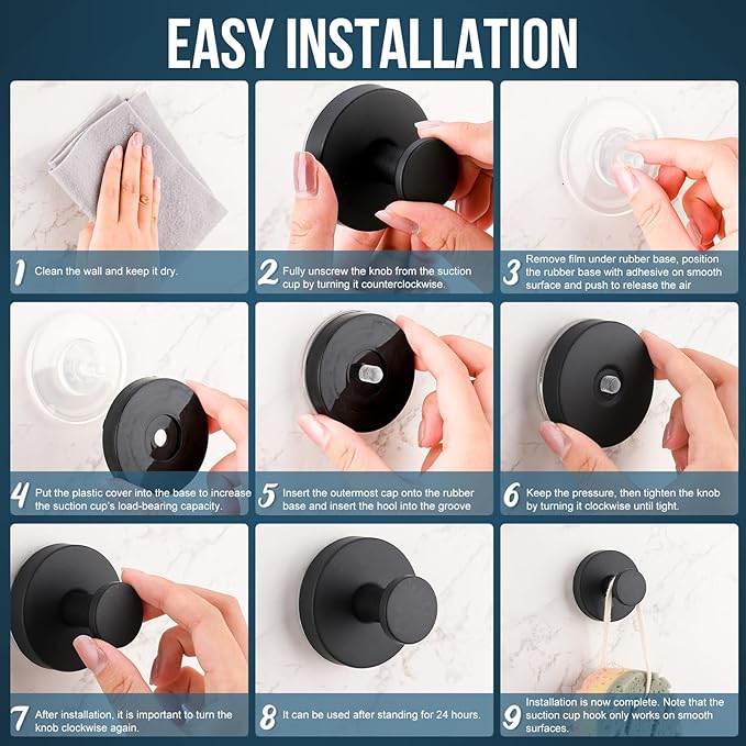 Suction Cup Hook for Shower, 16 Pack Wall Mount Towel Holder, Removable Towel Hook - Stainless Steel No Drill Hook for Bathroom Window Glass Door Wall Home Kitchen Black