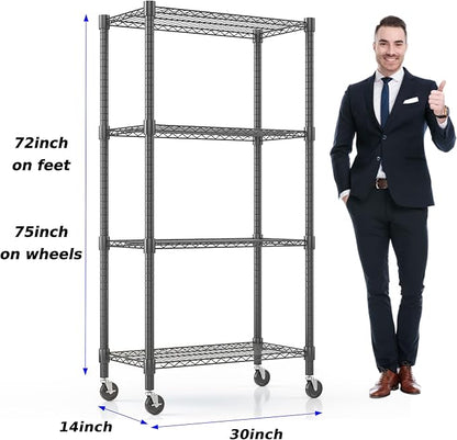 Homdox Heavy Duty Storage Shelves, 4 Tier Wire Shelving Unit with Wheels, Commercial Adjustable Metal Shelves for Storage, Garage Rack Pantry Shelves Kitchen Shelving, 14"x30"x72", Black