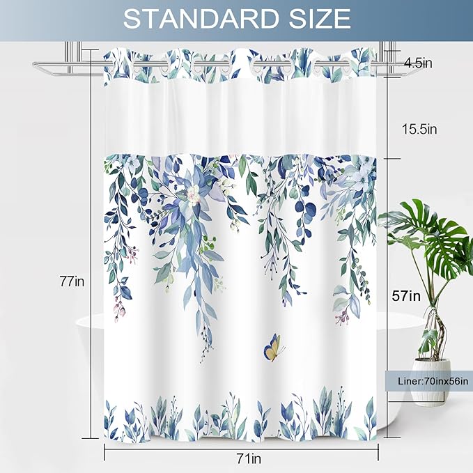 No Hook Shower Curtain and Liner Set, Blue Eucalyptus Floral Shower Curtains for Bathroom, Bath Curtain Sets with Snap in Liner, Waterproof with See Through Top Window, 71x77 Inches