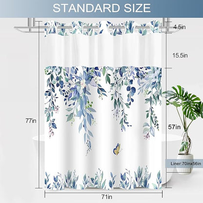 No Hook Shower Curtain and Liner Set, Blue Eucalyptus Floral Shower Curtains for Bathroom, Bath Curtain Sets with Snap in Liner, Waterproof with See Through Top Window, 71x77 Inches