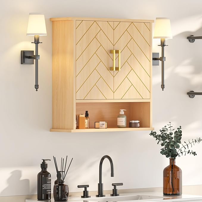 Natural Chevron Pattern Bathroom Wall Mount Cabinet, Gold Accent Hanging Medicine Cabinet with Open Shelf, Over The Toilet Storage Organizer for Home (23 5/8" x 22 7/8" x 15 3/4")