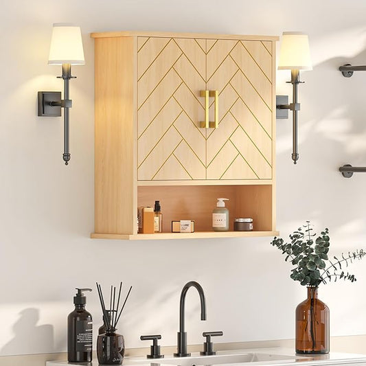 Natural Chevron Pattern Bathroom Wall Mount Cabinet, Gold Accent Hanging Medicine Cabinet with Open Shelf, Over The Toilet Storage Organizer for Home (23 5/8" x 22 7/8" x 15 3/4")