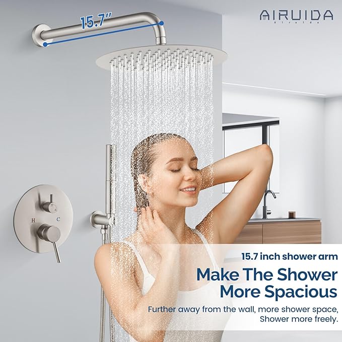 Airuida Shower Fixtures 2 Functions Shower Faucet Set Wall Mounted for Bathroom High Pressure Brass Handheld Shower with Rough-in Valve Round Rainfall 12 Inch Shower Head Brushed Nickel