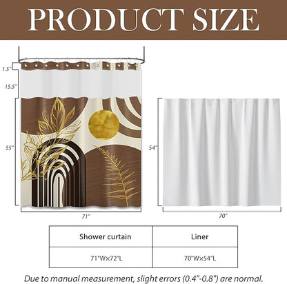Black and Brown Bohemian See Through Mesh Top Shower Curtain with Window, Dark Tan Mens Double Layer Shower Curtains with Snap in Liner with Magnets, Waterproof Fabric with Hooks, 71x72 in