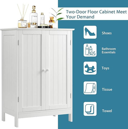 Tangkula Bathroom Floor Cabinet, Freestanding Storage Cabinet with Double Doors and Shelf, Modern Home Furniture, Wooden Home Organizer for Living Room, Bathroom Cabinet, White