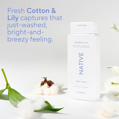 Native Body Wash Contains Naturally Derived Ingredients | For Women & Men, Sulfate, Paraben, & Dye Free Leaving Skin Soft and Hydrating | Cotton & Lily 18 oz