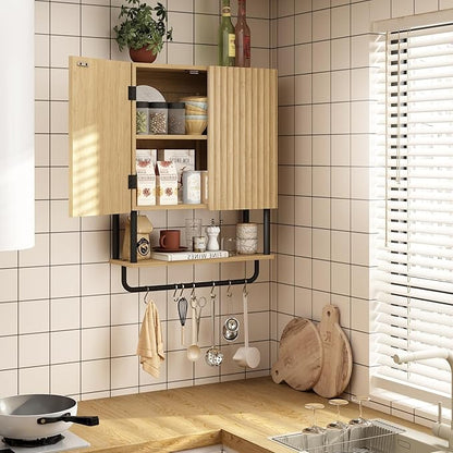 RUSTOWN Fluted Bathroom Wall Cabinet with 2 Doors, 3-Tier Modern Farmhouse Medicine Cabinet, Over The Toilet Storage Cabinet with Adjustable Shelf and Towel Bar (Natural, Medium)