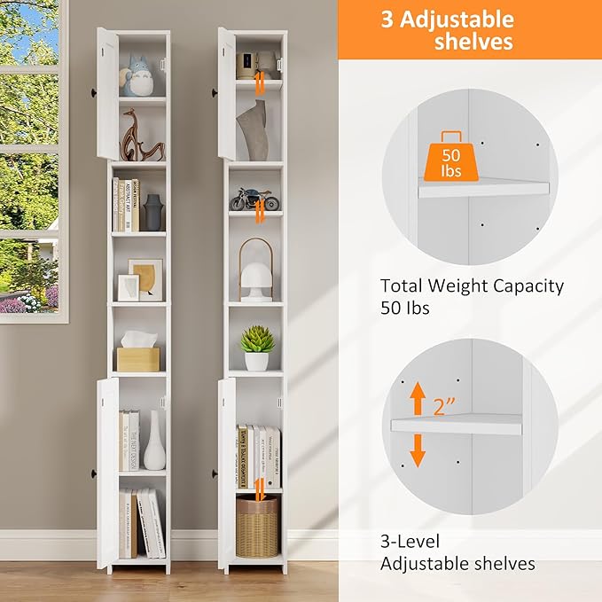 RRX Tall Slim Bathroom Storage Cabinet with 2 Doors,Adjustable Shelves,7.87''L*7.87''W*67''H, Narrow Cabinet with Anti-Tip for Toilet Paper Corner,Small Spaces, Kitchen,Bathroom (Milky White)