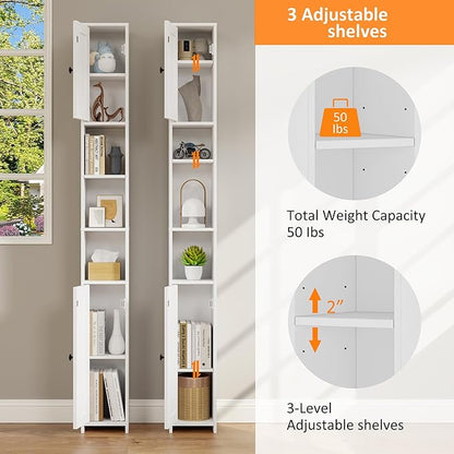 RRX Tall Slim Bathroom Storage Cabinet with 2 Doors,Adjustable Shelves,7.87''L*7.87''W*67''H, Narrow Cabinet with Anti-Tip for Toilet Paper Corner,Small Spaces, Kitchen,Bathroom (Milky White)