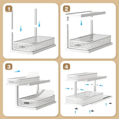 2-Pack 18.5 IN Depth Under Sink Organizer With Next-Gen Ball-Bearing Slides,Sophisticated Mesh 2-Tier Pull Out Shelf for Kitchen & Bathroom,Fits Small Items-White(Patented)