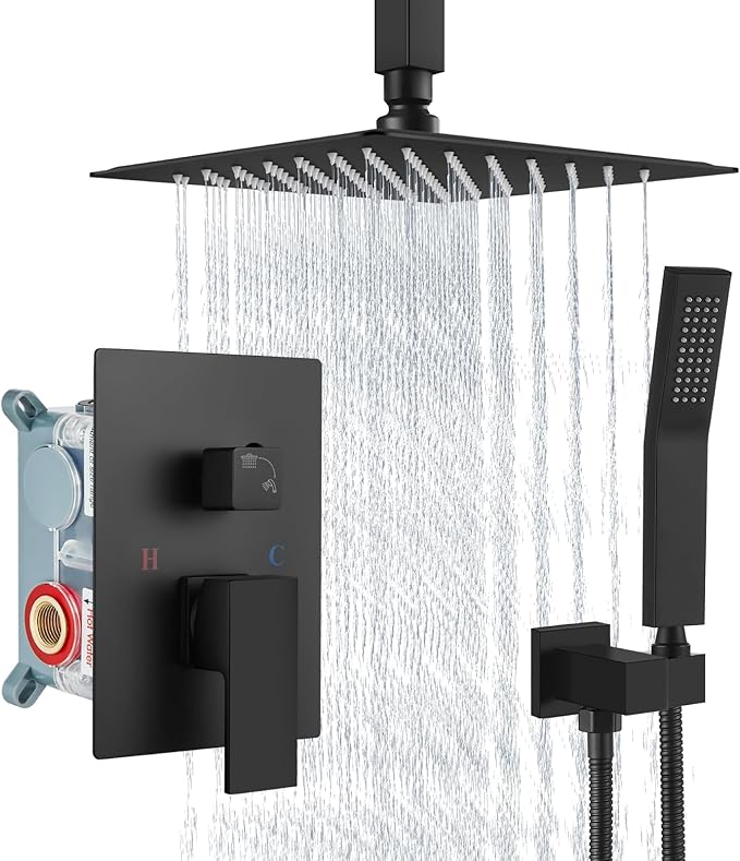 Aolemi Ceiling Mount Rain Shower Head & Handheld Spray with Robust Valve & Trim Kit - Matte Black, 8 Inch Head