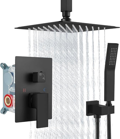 Aolemi Ceiling Mount Rain Shower Head & Handheld Spray with Robust Valve & Trim Kit - Matte Black, 8 Inch Head