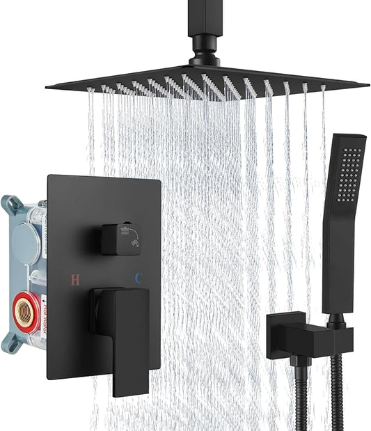 Aolemi Ceiling Mount Rain Shower Head & Handheld Spray with Robust Valve & Trim Kit - Matte Black, 8 Inch Head