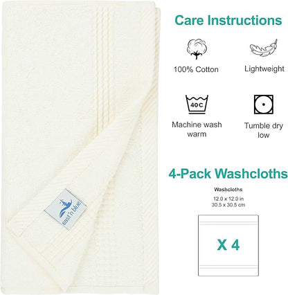 EastNBlue Lara 100% Turkish Cotton Washcloths 4 Pack, Extra Soft & Absorbent Wash Cloths for Face & Body (12" x 12"), Terry Cloth, Small Hand Towels for Bathroom, Cream