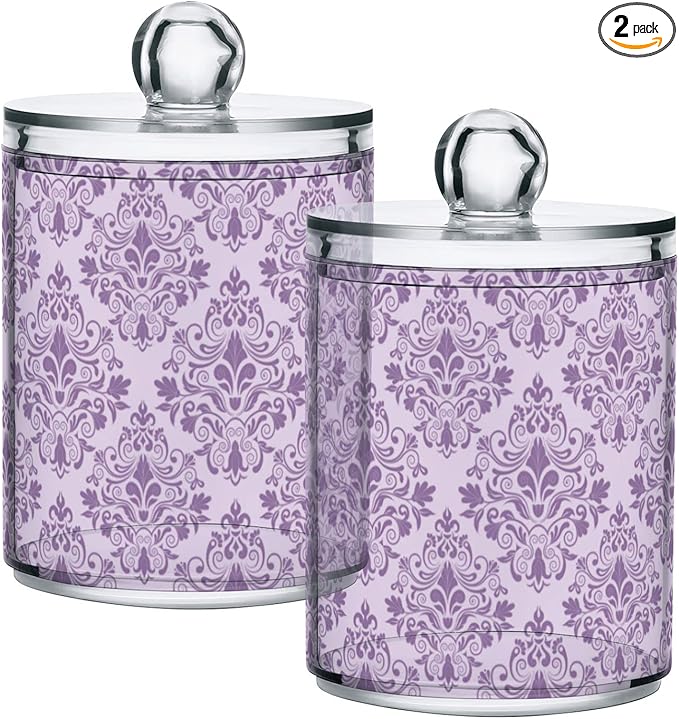 MNSRUU 2 Pack Qtip Holder Organizer Dispenser Purple Morden Floral Bathroom Storage Canister Cotton Ball Holder Bathroom Containers for Cotton Swabs/Pads/Floss