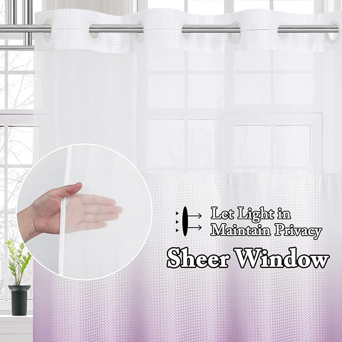 Gibelle No Hook Waffle Weave Shower Curtain with Snap-in Fabric Liner Set for Bathroom, Hotel Style with Mesh Top Window, Waterproof & Washable, Ombre Purple, 72x74