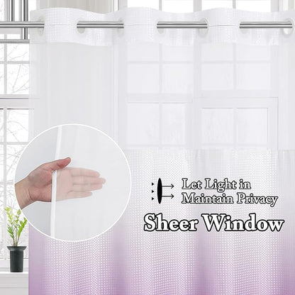Gibelle No Hook Waffle Weave Shower Curtain with Snap-in Fabric Liner Set for Bathroom, Hotel Style with Mesh Top Window, Waterproof & Washable, Ombre Purple, 72x74