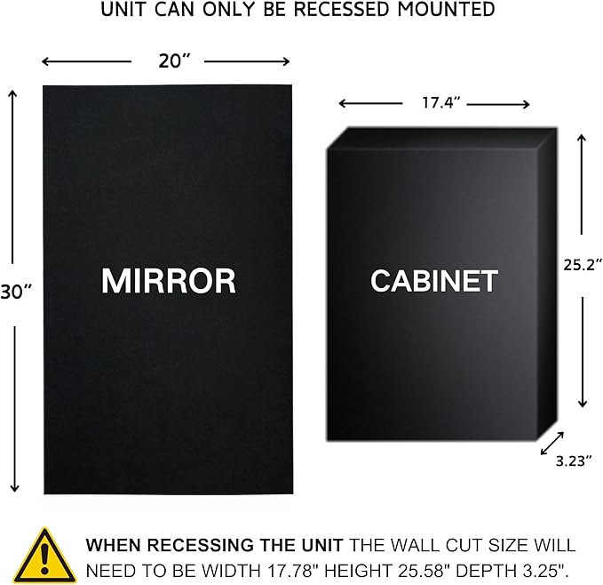 TEHOME Black Recessed Bathroom Medicine Cabinet with Mirror Squared Corner Rectangle Metal Framed Medicine Cabinet with Beveled Mirror 20x30''