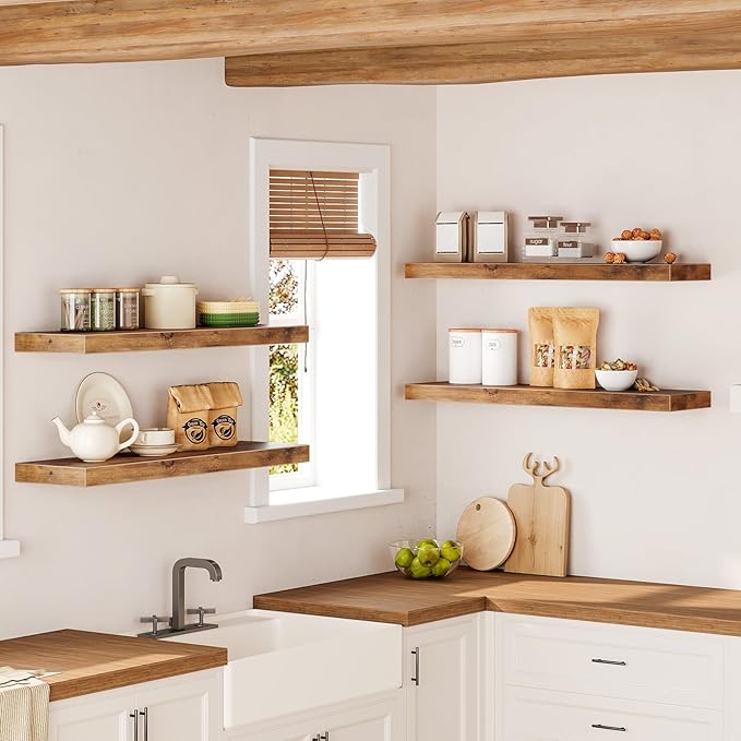 Floating Shelves for Wall, 1.5" Thick Wall Shelf Set of 4 with Invisible Brackets, 31.5 x 7.9W Hanging Shelves Farmhouse Home Decor for Bathroom, Living Room, Bedroom, Rustic Brown 8301BJP4BF
