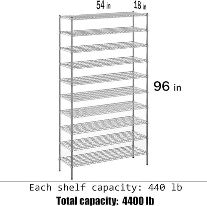 18" Deep x 54" Wide x 96" Height Wire Shelving Kit | 10-Tier | NSF Commercial Storage Rack Unit
