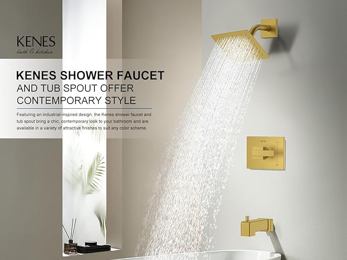 KENES Brushed Gold Tub and Shower Trim Kit, Square Tub Shower Faucet Set Complete with 6-Inch Rainfall Shower Head and Tub Spout, KE-6025A-4 (Shower Valve Included)