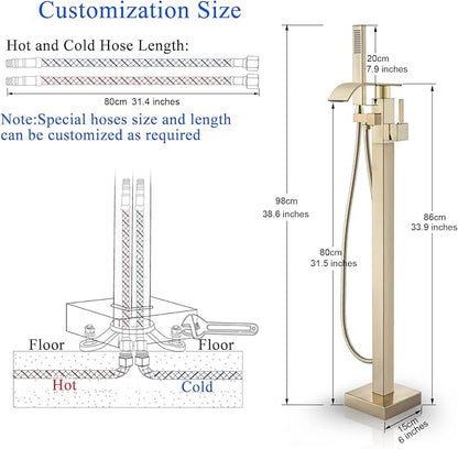 Senlesen Bathroom Tub Filler Faucet Floor Mounted Bathtub Shower Faucet Waterfall Spout Free Standing Tub Mixer Tap with Handheld Sprayer Gold Polished