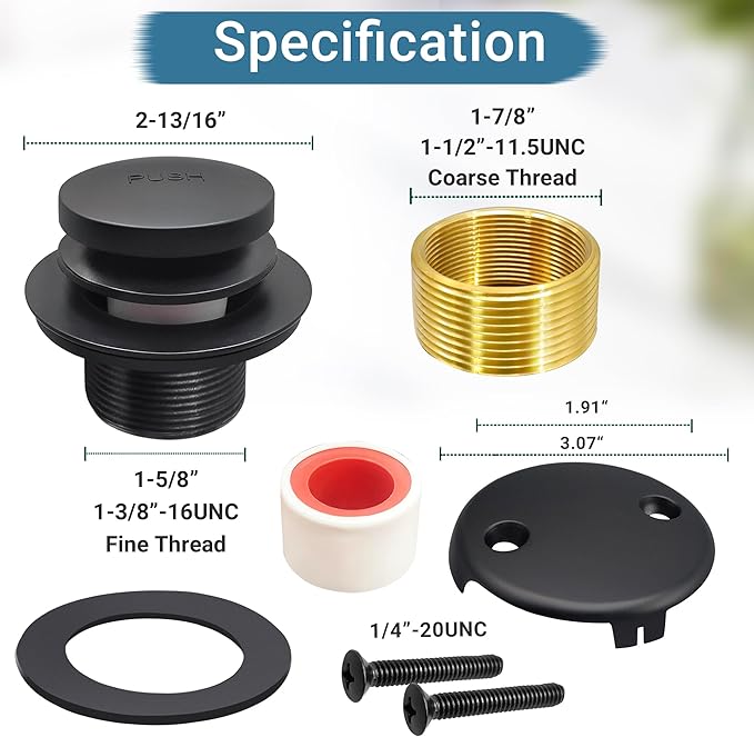 Tub Stopper Bathtub Drain Kit, Black Universal Bathtub Overflow Drain Cover, Metal Tip-Toe Trim Kit with Easy Fit Design for Most Tubs