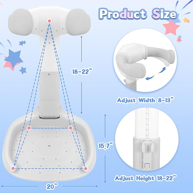 Baby Shower Stand, No-Assembly Baby Bath Stand with Enlarged Anti-Slip Base, Foldable Adjustable Toddler Shower Standing Support, Soporte para Bañera de Bebe, Ideal Gift for Infant 6–36 Months (Grey)