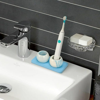 2 Pack Ceramic Toothbrush Holder with Diatomite Toothbrush Tray for Bathroom Shower Countertop Storage Organizer, Small Toothpaste Razor Electric Tooth Brush Head Stand (Blue)