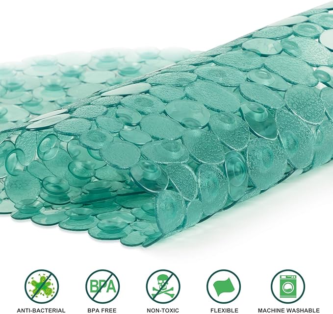 WELTRXE Pebbles Bathtub and Shower Mat Non Slip, Oval Bath Mats for Bathroom Tub Washable with Suction Cups, Drain Holes, BPA Free, 27 x 14 Inch, Dark Green