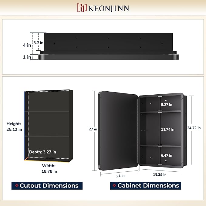 Keonjinn 20 x 26 Inch Chrome Recessed Medicine Cabinets, Mirrored Bathroom Medicine Cabinet, Elegant Silver Stainless Steel Framed, Adjustable Shelves, in Wall or Surface Mount, Soft Closing, Modern
