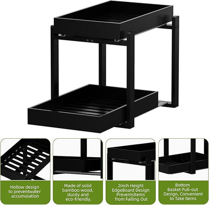2 Pack Under Sink Organizer, Bamboo Wooden 2-Tier Pull-Out Storage with Sliding Drawers for Kitchen and Bathroom Cabinets, Easy Installation (Black, 1 pack)