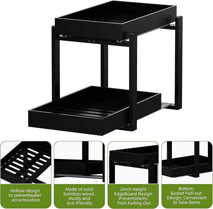 2 Pack Under Sink Organizer, Bamboo Wooden 2-Tier Pull-Out Storage with Sliding Drawers for Kitchen and Bathroom Cabinets, Easy Installation (Black, 2 Packs)