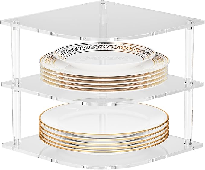 Plate Organizer for Cabinet Space Saver - Clear Acrylic Corner Shelf for Dishes, Bowls - 3-Tier Kitchen Cabinet Plate Organization, Dinner Plates Holder, and Small Shelf for Bathroom Storage