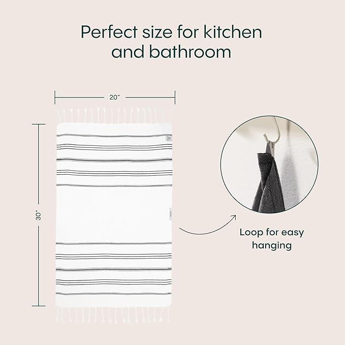 WETCAT Turkish Hand Towels with Hanging Loop, Set of 2 (20" x 30") 100% Turkish Cotton, Pre-Washed, Quick Drying, for Kitchen or Bathroom - Black & White