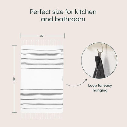 WETCAT Turkish Hand Towels with Hanging Loop, Set of 2 (20" x 30") 100% Turkish Cotton, Pre-Washed, Quick Drying, for Kitchen or Bathroom - Black & White