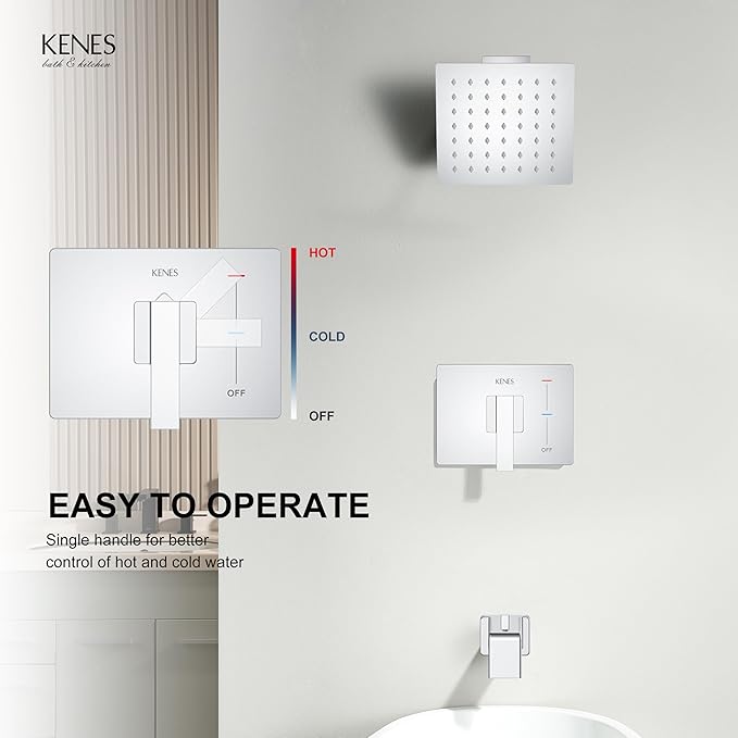 KENES Chrome Tub and Shower Trim Kit, Square Tub Shower Faucet Set Complete with 6-Inch Rainfall Shower Head and Tub Spout, KE-6025A-5 (Shower Valve Included)