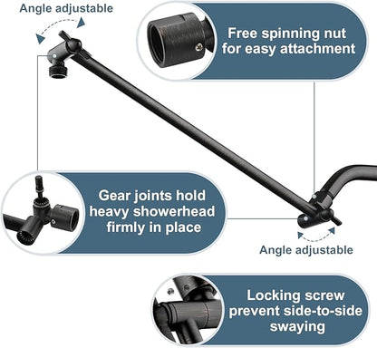 BRIGHT SHOWERS 15 Inch Extra Long Shower Head Extension Arm, Solid Brass Shower Arm Extender with Locking Screw for Rain and Handheld Showerhead, Height & Angle Adjustable, Oil-Rubbed Bronze