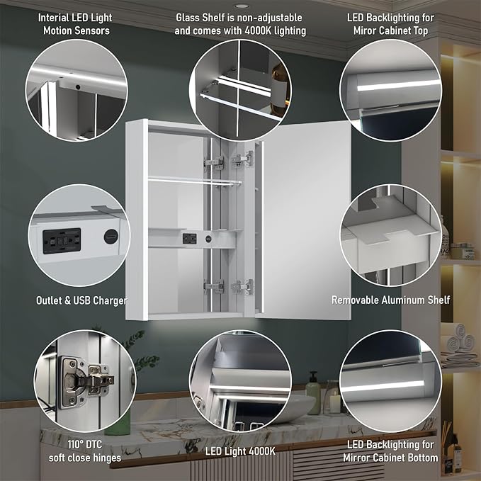 WELLFOR 20" x 30" LED Mirrored Bathroom Cabinet, Mirror Medicine Cabinet with Lights, Defogging LED Mirror Cabinet with Outlets & USB Ports, Surface Mounted, Right Opening Door, Hardwired Connected